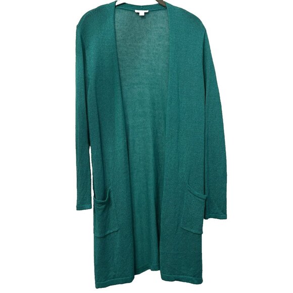 J Jill Cardigan Size Medium P Teal Long Sleeve Pockets Linen Blend Stretch Tunic - Picture 1 of 11